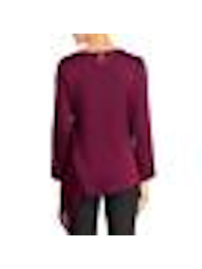 VINCE CAMUTO Womens Burgundy Embellished Long Sleeve Jewel Neck Evening Handkerchief Top L