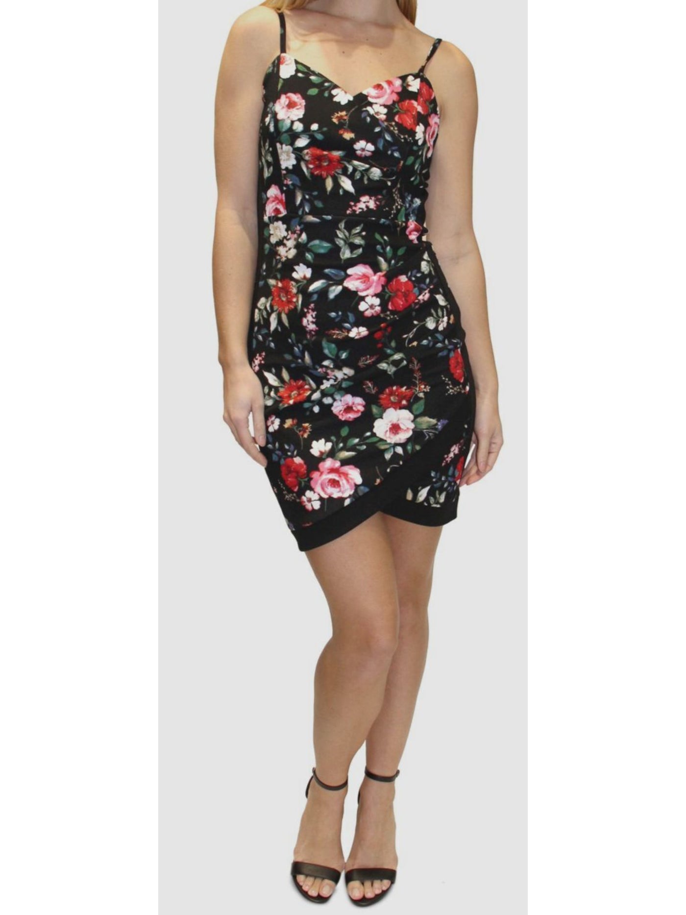 ALMOST FAMOUS Womens Black Gathered Textured Adjustable Straps Floral Spaghetti Strap Surplice Neckline Short Party Faux Wrap Dress M
