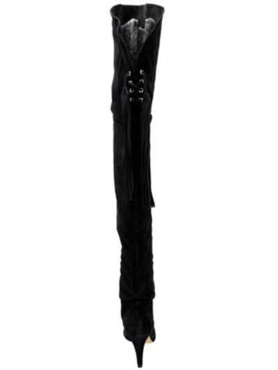 CHLOE Womens Black Fringed Fringe Cuissar Round Toe Stiletto Lace-Up Leather Heeled Boots 38