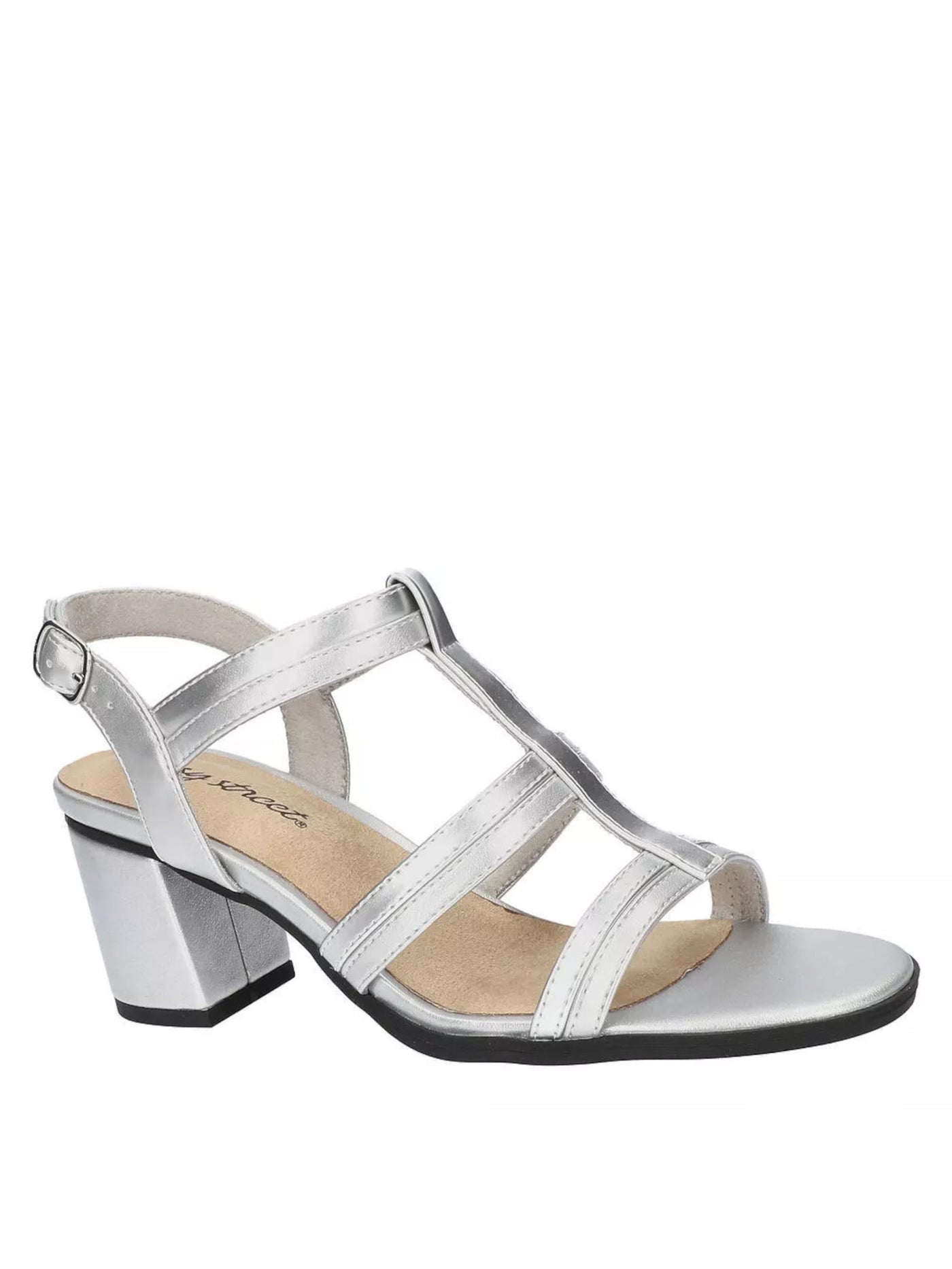 EASY STREET Womens Silver Mixed Media Strappy Padded Fiesta Almond Toe Block Heel Buckle Dress Heeled Sandal 6 M