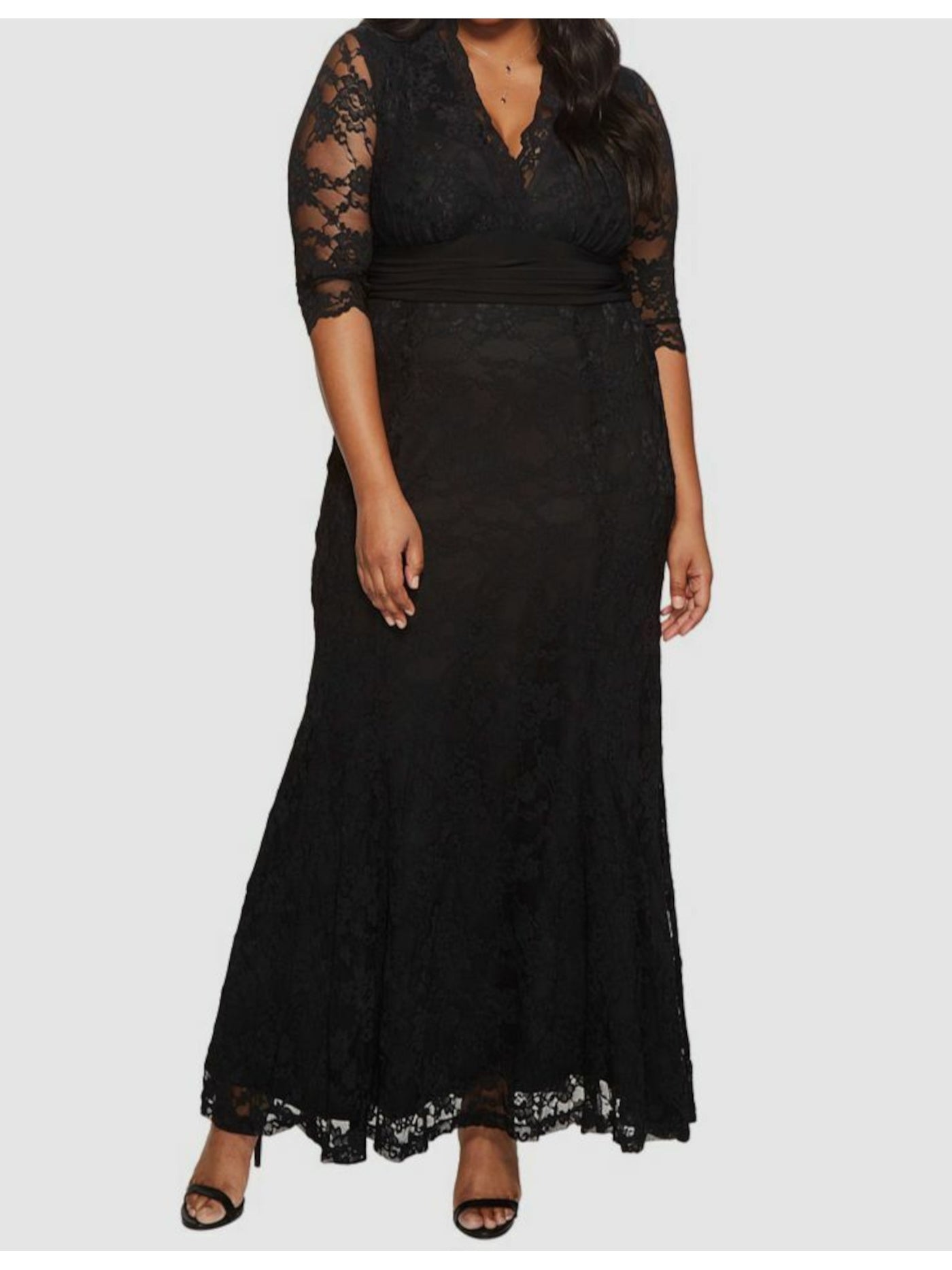 KIYONNA Womens Black Lace Lined Elbow Sleeve Surplice Neckline Maxi Evening Shift Dress Plus 2X