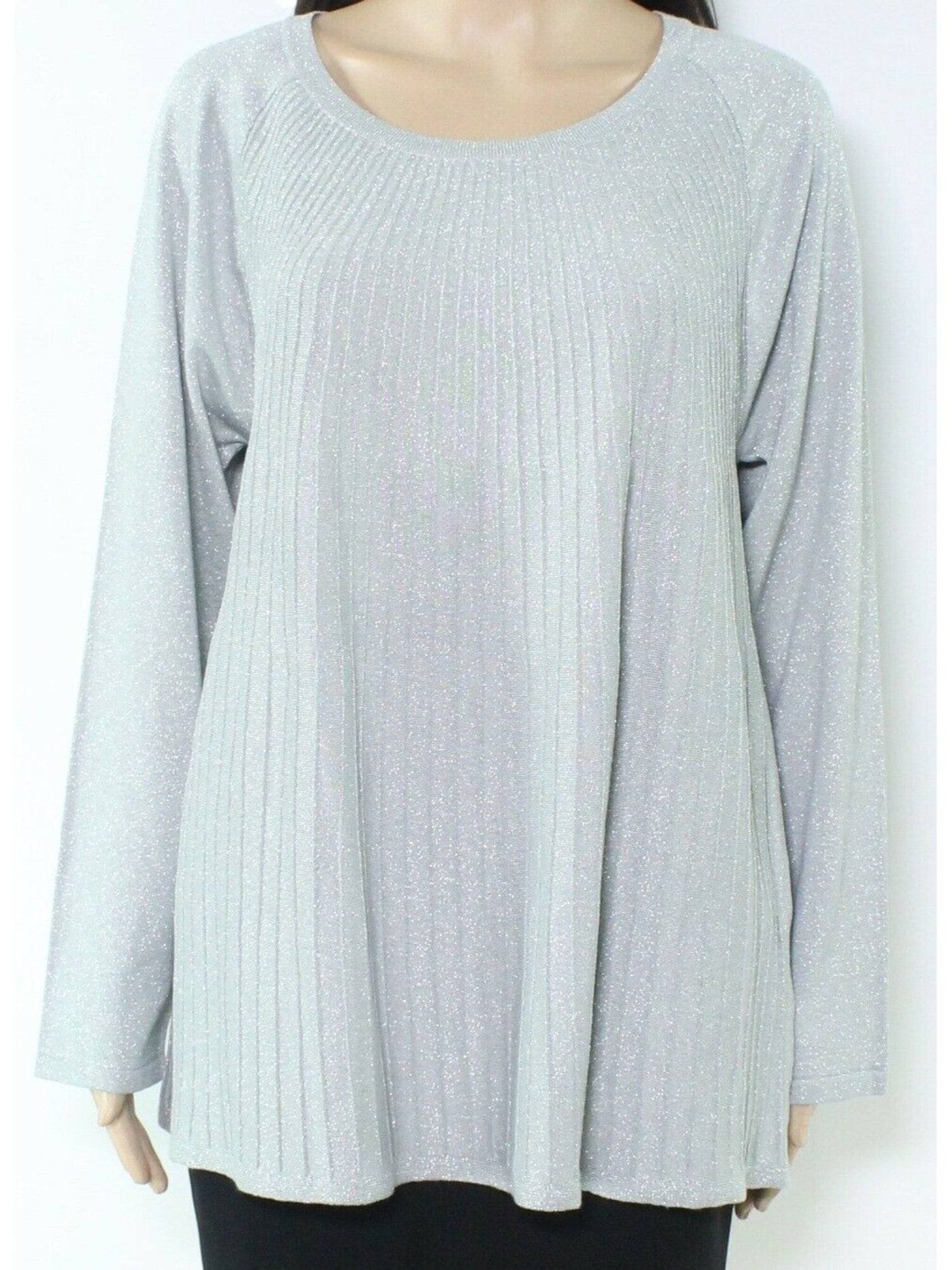 ALFANI Womens Silver Glitter Textured Long Sleeve Scoop Neck Sweater S