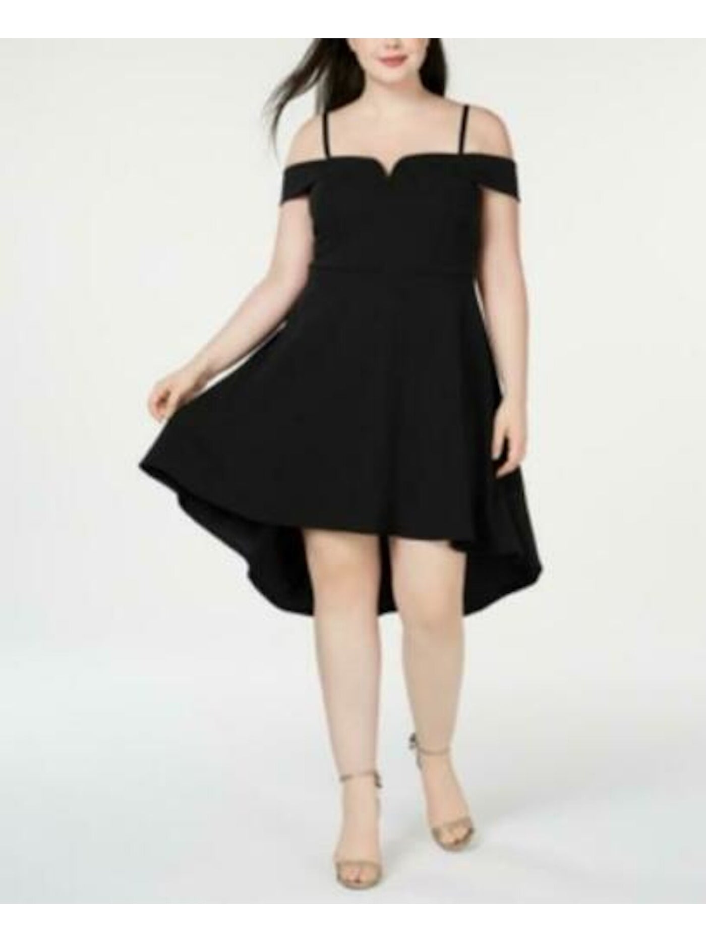 CITY STUDIO Womens Black Cold Shoulder Spaghetti Strap Off Shoulder Midi Formal Fit + Flare Dress Plus 20W