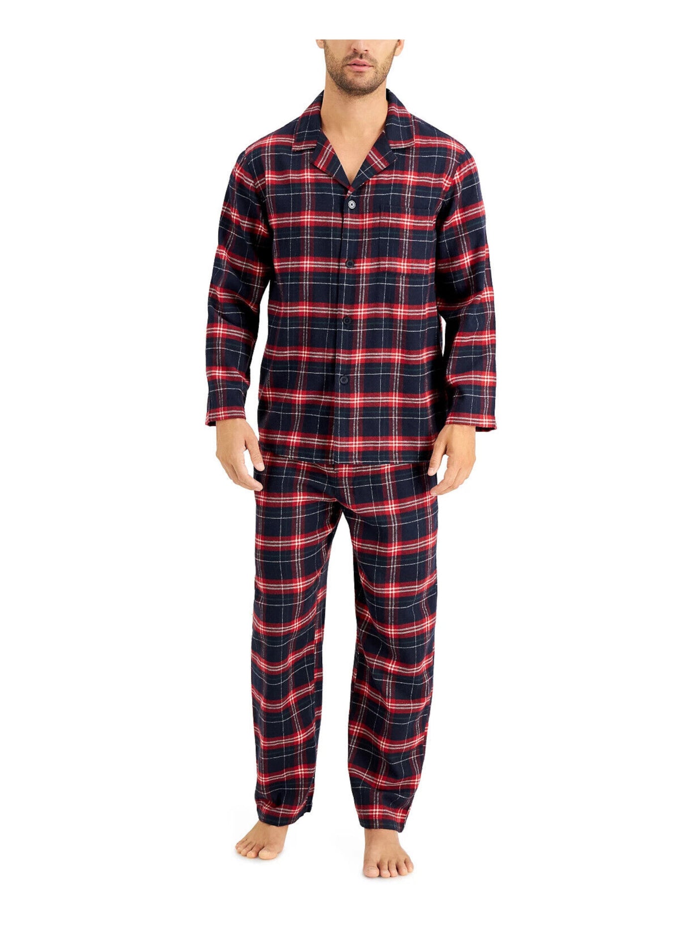 CLUBROOM Mens Navy Plaid Drawstring Long Sleeve Button Up Top Straight leg Pants Pajamas S