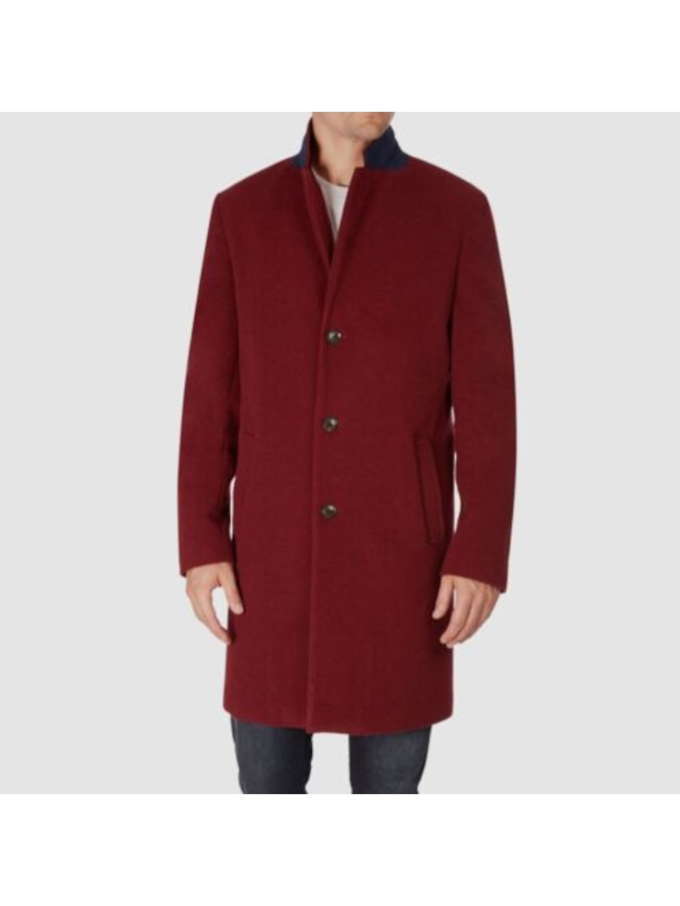 TOMMY HILFIGER Mens Addison Maroon Single Breasted, Wool Blend Overcoat 46R