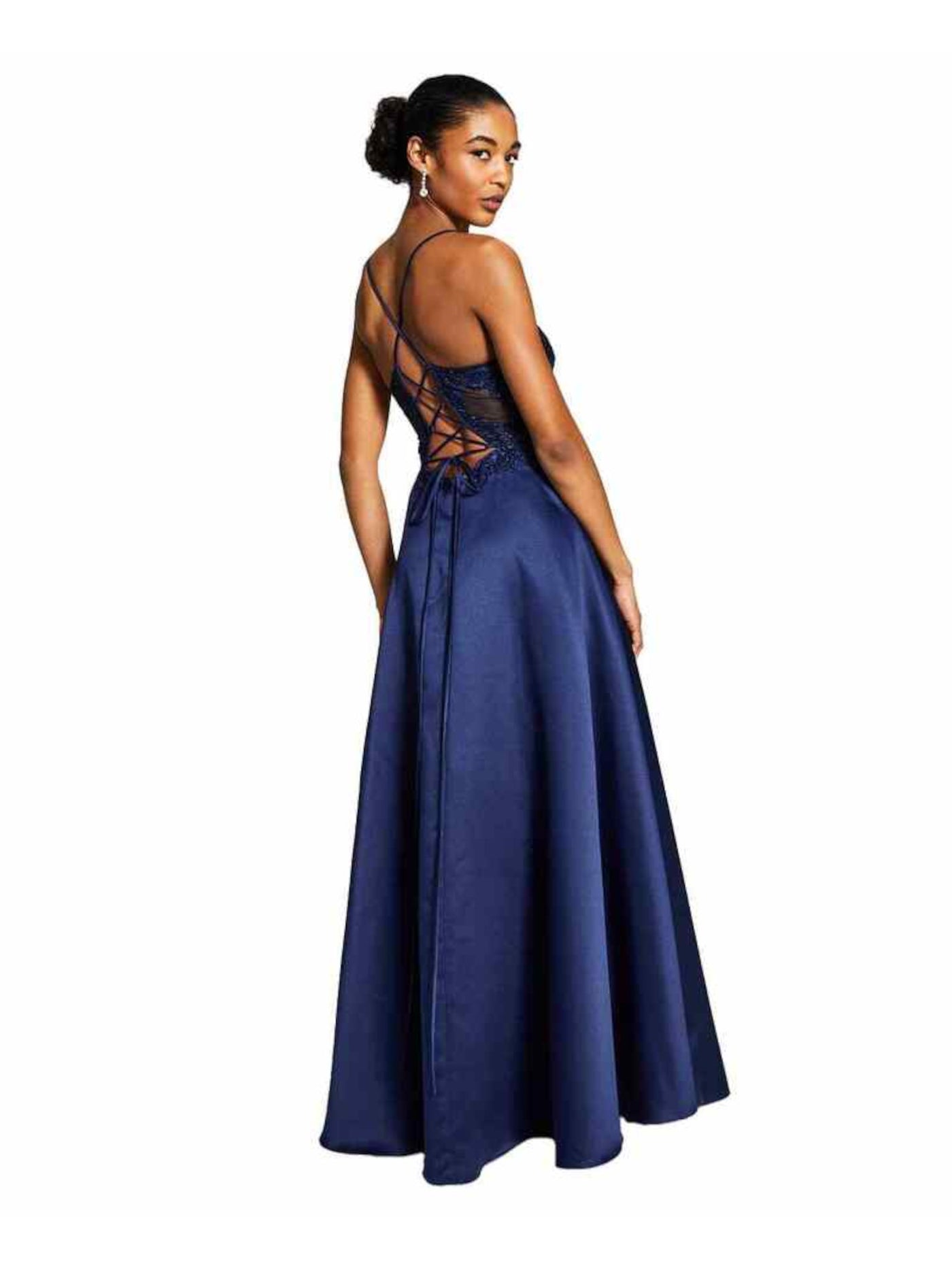 BLONDIE Womens Navy Zippered Rhinestone Lace Up Back Padded Slit Floral Spaghetti Strap Sweetheart Neckline Full-Length Formal Gown Dress Juniors 1