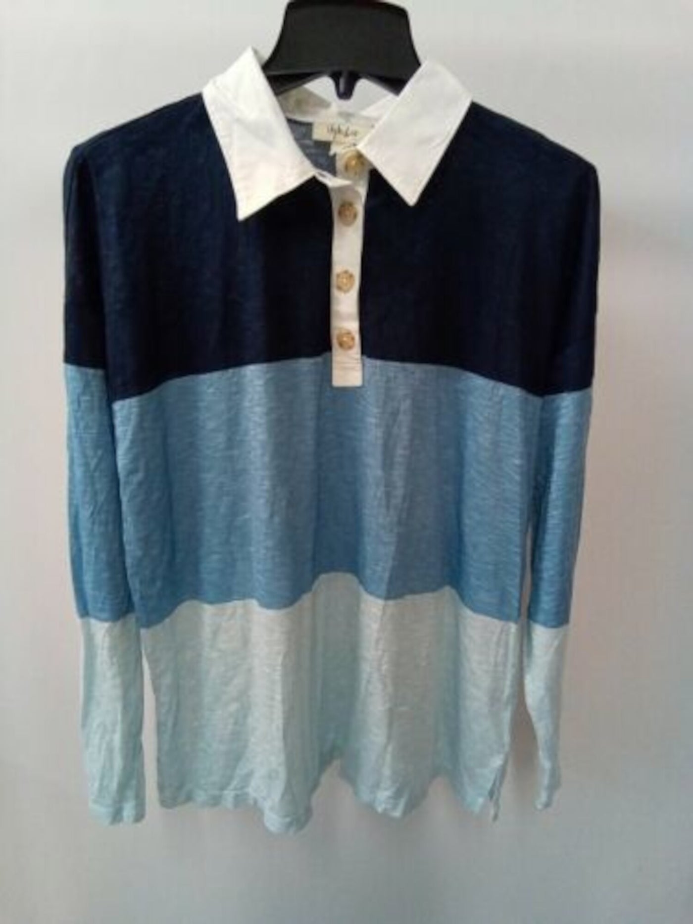 STYLE & COMPANY Womens Blue Striped Long Sleeve Collared Top Size: XS
