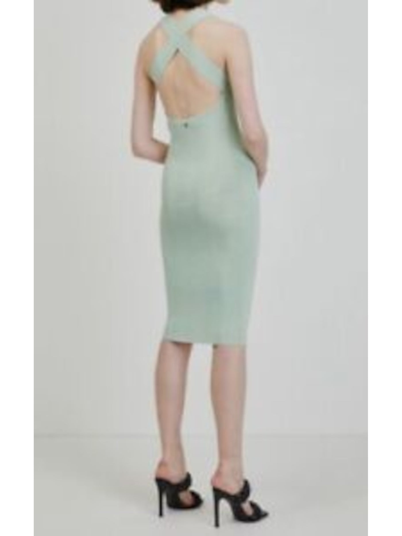 GUESS Womens Green Ribbed Crisscross Back Sleeveless Round Neck Knee Length Cocktail Body Con Dress XS