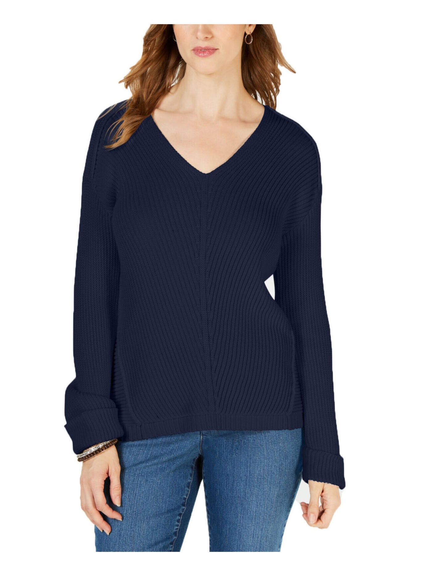 CHARTER CLUB Womens Blue Textured Long Sleeve V Neck Sweater Size: XS