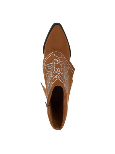 INC Womens Brown Western Rhinestone Fold Over Cuff Padded Jadiza Pointed Toe Flare Zip-Up Western Boot 8.5 M