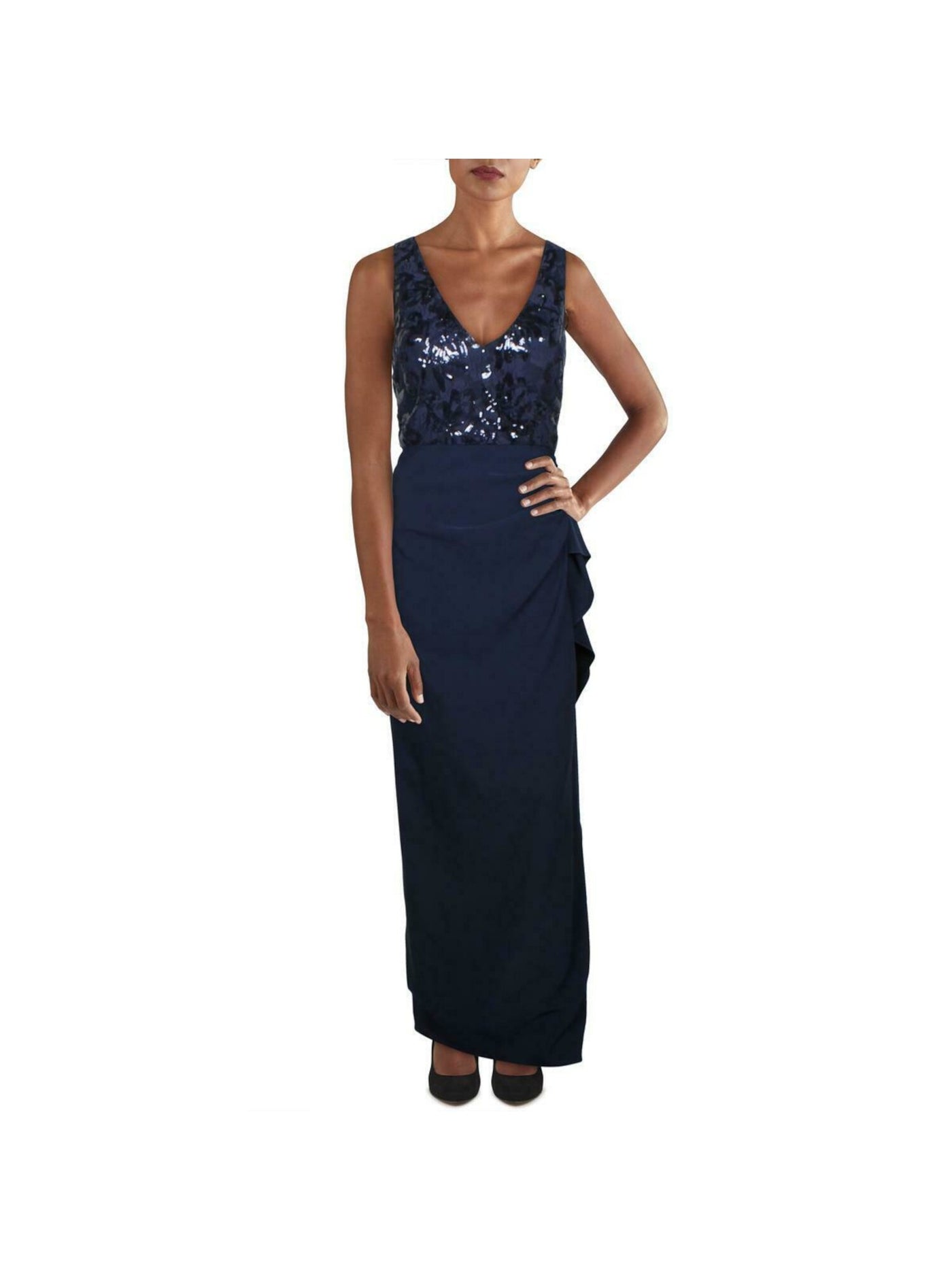 VINCE CAMUTO Womens Navy Stretch Sequined Embroidered Zippered Cascade Ruffle Floral Sleeveless V Neck Full-Length Formal Gown Dress 8