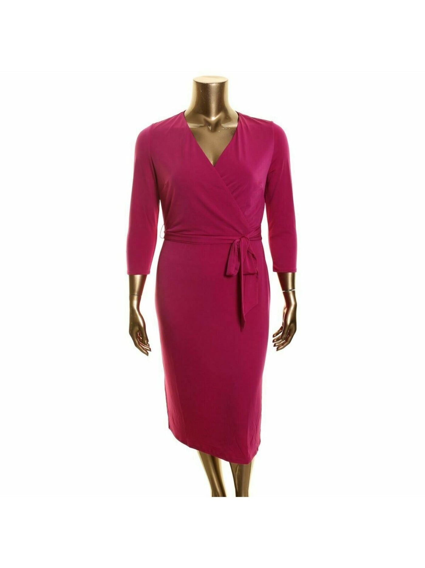 INC Womens Purple Belted Slitted 3/4 Sleeve V Neck Below The Knee Wrap Dress S