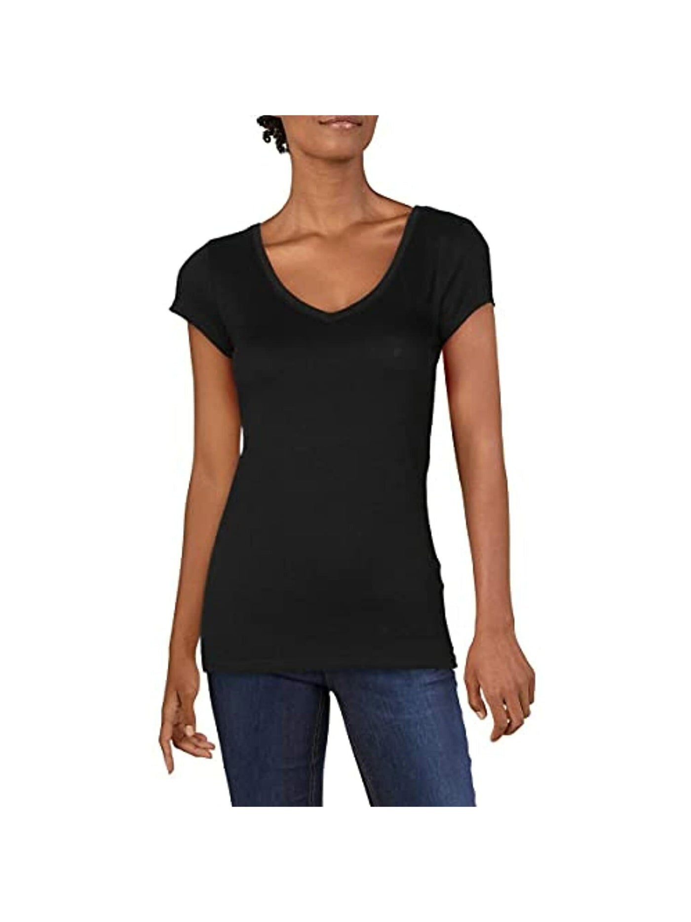 DOLAN Womens Black Textured Ribbed Neckline Short Sleeve V Neck T-Shirt M