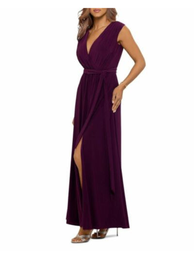 AQUA Womens Purple Stretch Pleated Self-tie Belt High Slit Sleeveless Surplice Neckline Full-Length Formal Gown Dress 4