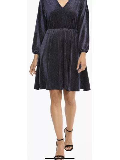 LONDON TIMES Womens Navy Glitter Elastic Waist Pullon Speckle Long Sleeve V Neck Above The Knee Evening Fit + Flare Dress Plus 3X