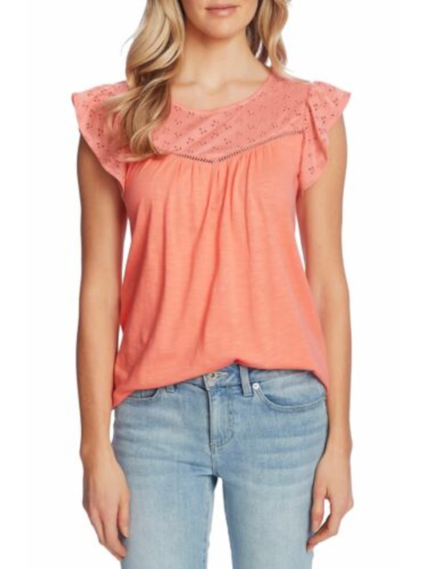 CECE Womens Coral Eyelet Ruffled Ladder-trim Ruched Flutter Sleeve Round Neck Top XS