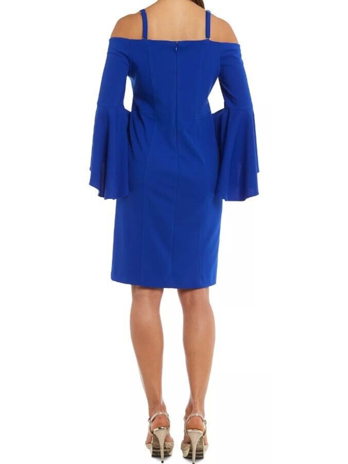 R&M RICHARDS Womens Blue Stretch Zippered Ruffled Removable Straps Bell Sleeve Off Shoulder Above The Knee Cocktail Sheath Dress 14