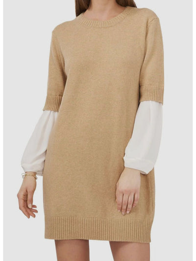 VINCE CAMUTO Womens Beige Long Sleeve Round Neck Knee Length Sweater Dress L