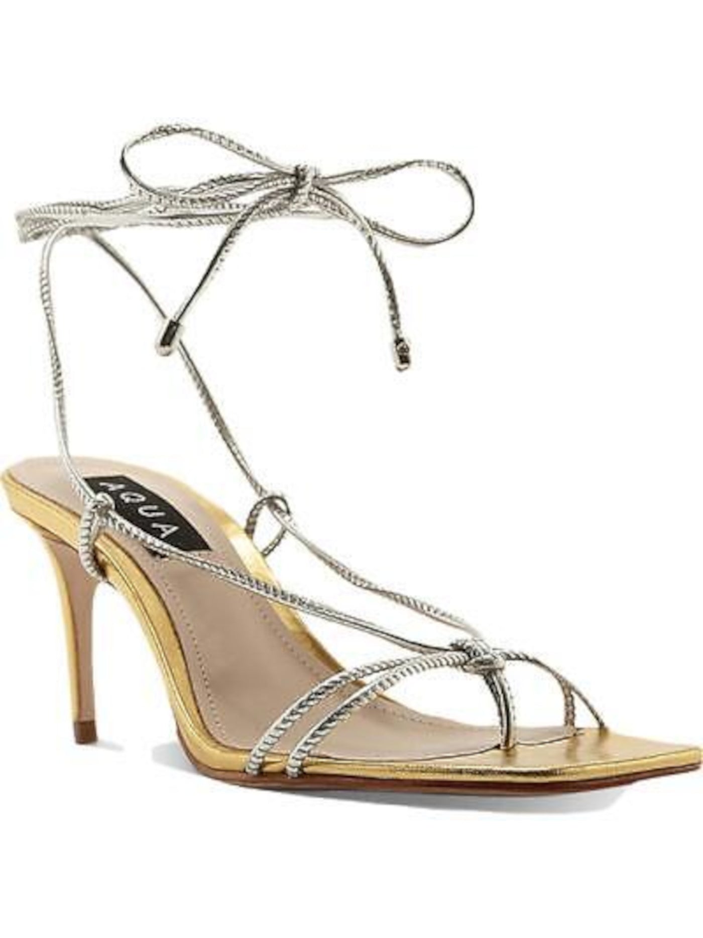 AQUA Womens Gold Strappy Comfort Dirlene Square Toe Stiletto Lace-Up Leather Dress Heeled Thong Sandals 9