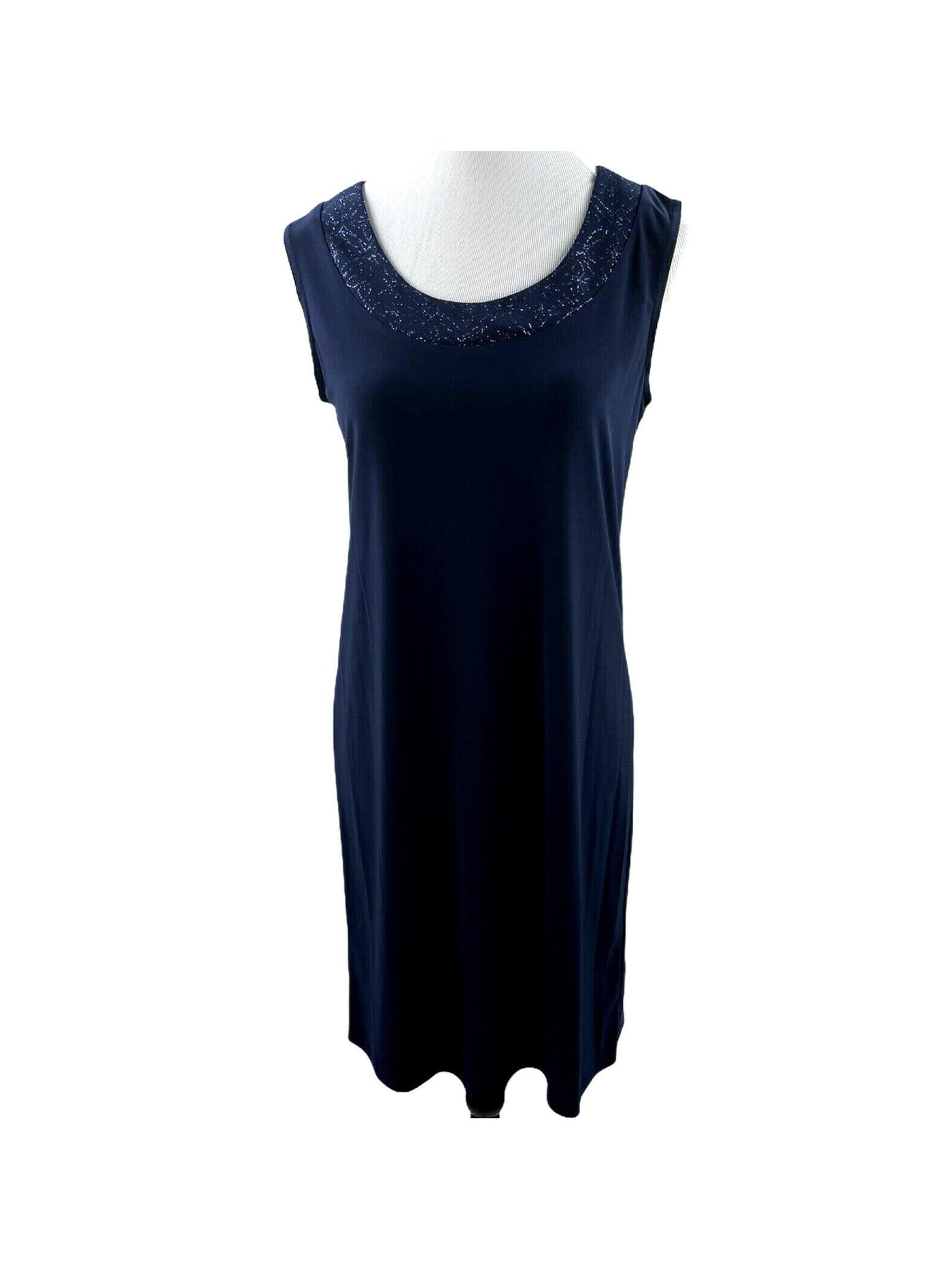 R&M RICHARDS Womens Navy Sequined Pullover Sleeveless Jewel Neck Knee Length Wear To Work Sheath Dress 12