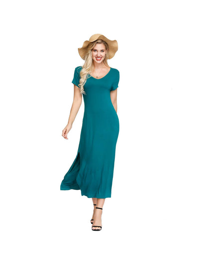 INK + IVY Womens Green Short Sleeve V Neck Tea-Length Fit + Flare Dress S