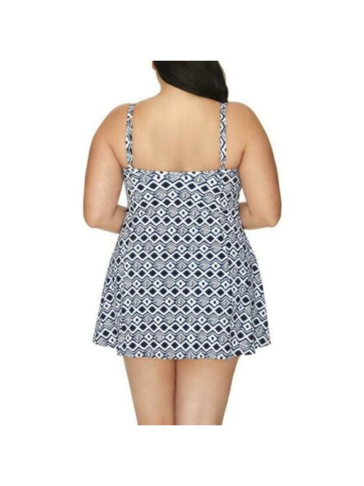 SWIM SOLUTIONS Women's Navy Printed Stretch Tummy Control Lined  Tiered Adjustable Fixed Cups Cottage Tile One Piece Swimsuit 24W