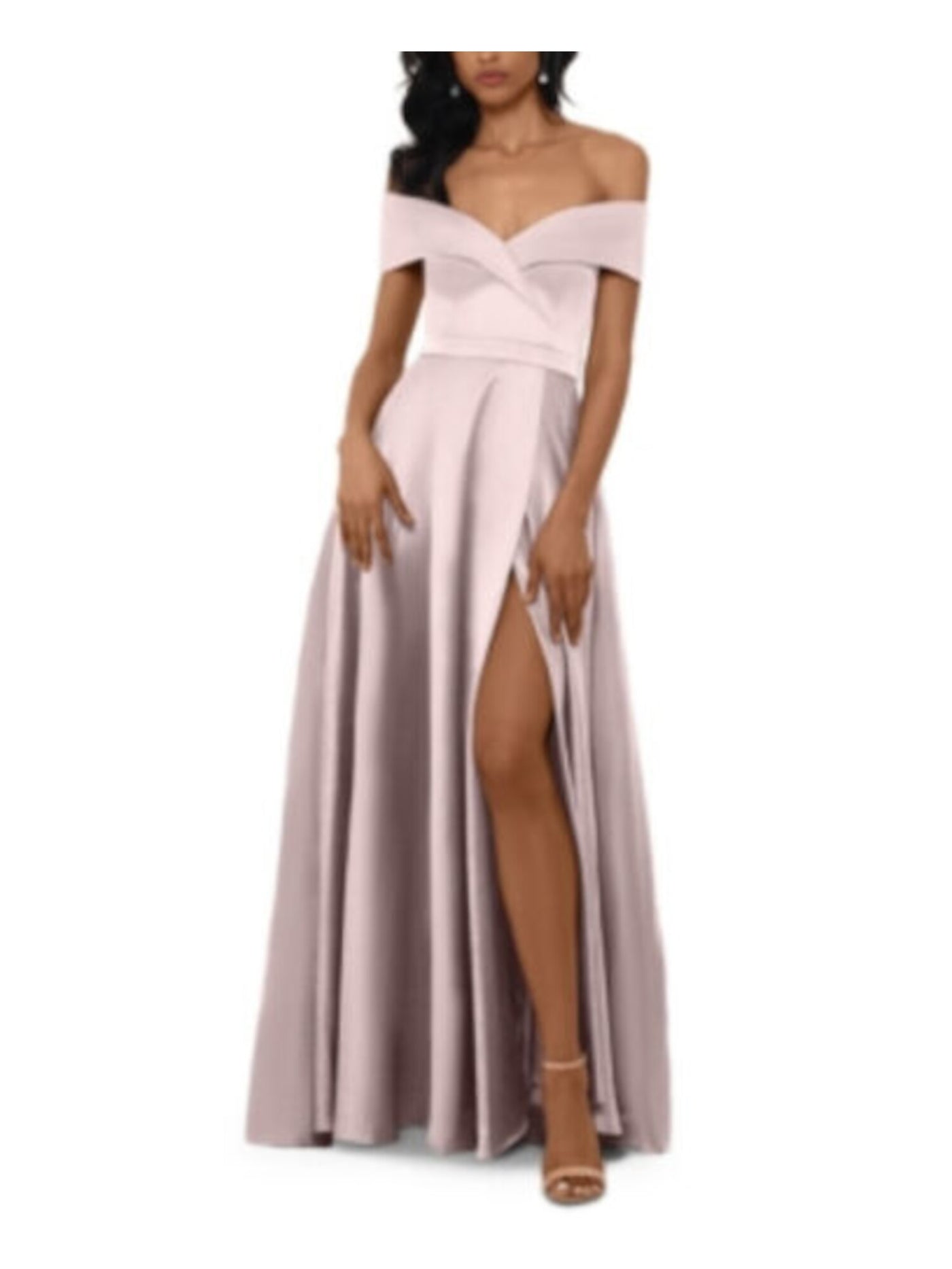 XSCAPE Womens Pink Slitted Satin Off Shoulder Full-Length Evening Dress 6