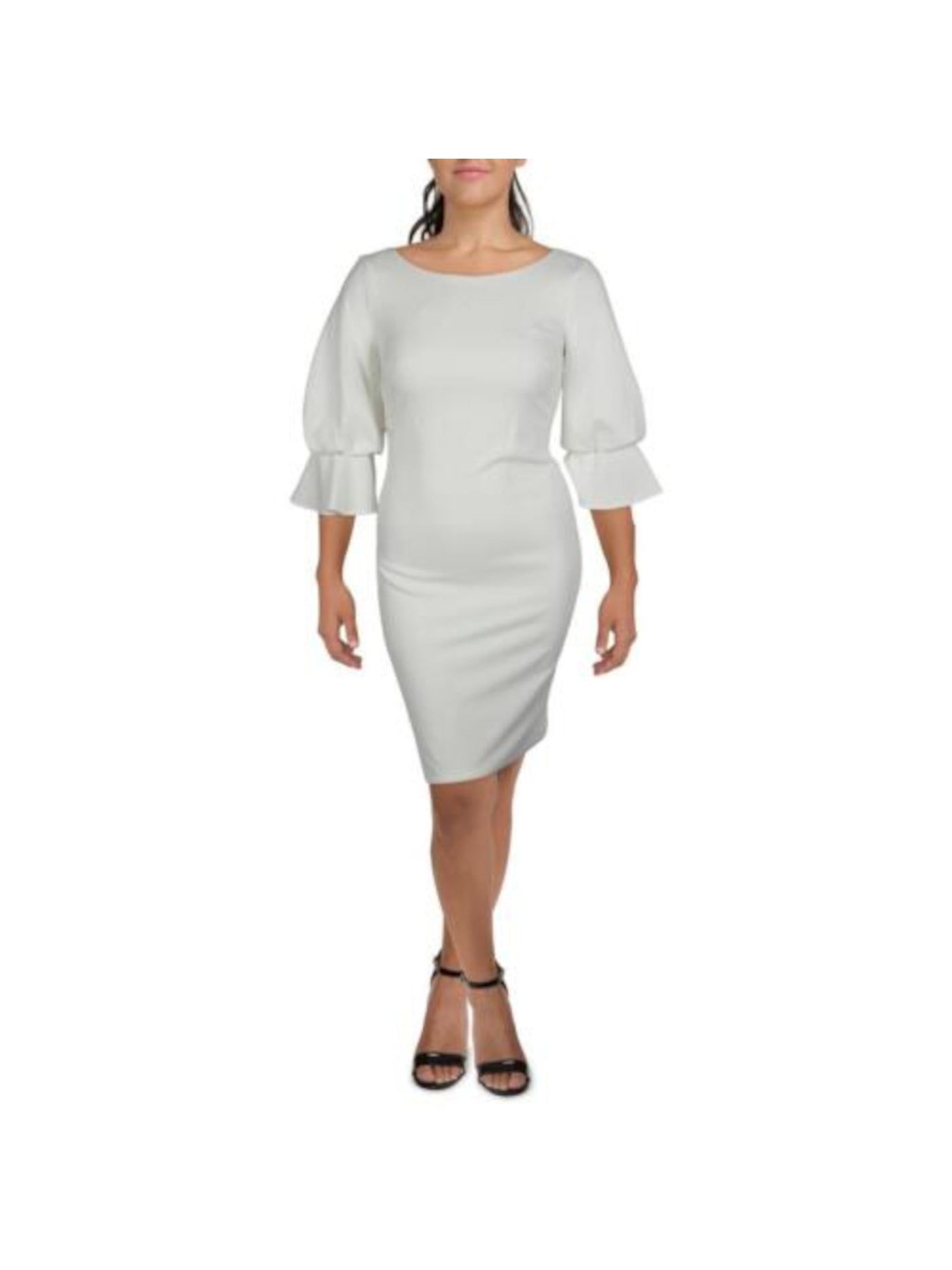 CALVIN KLEIN Womens White Zippered Lined V-back Bell Sleeve Round Neck Above The Knee Cocktail Sheath Dress 4