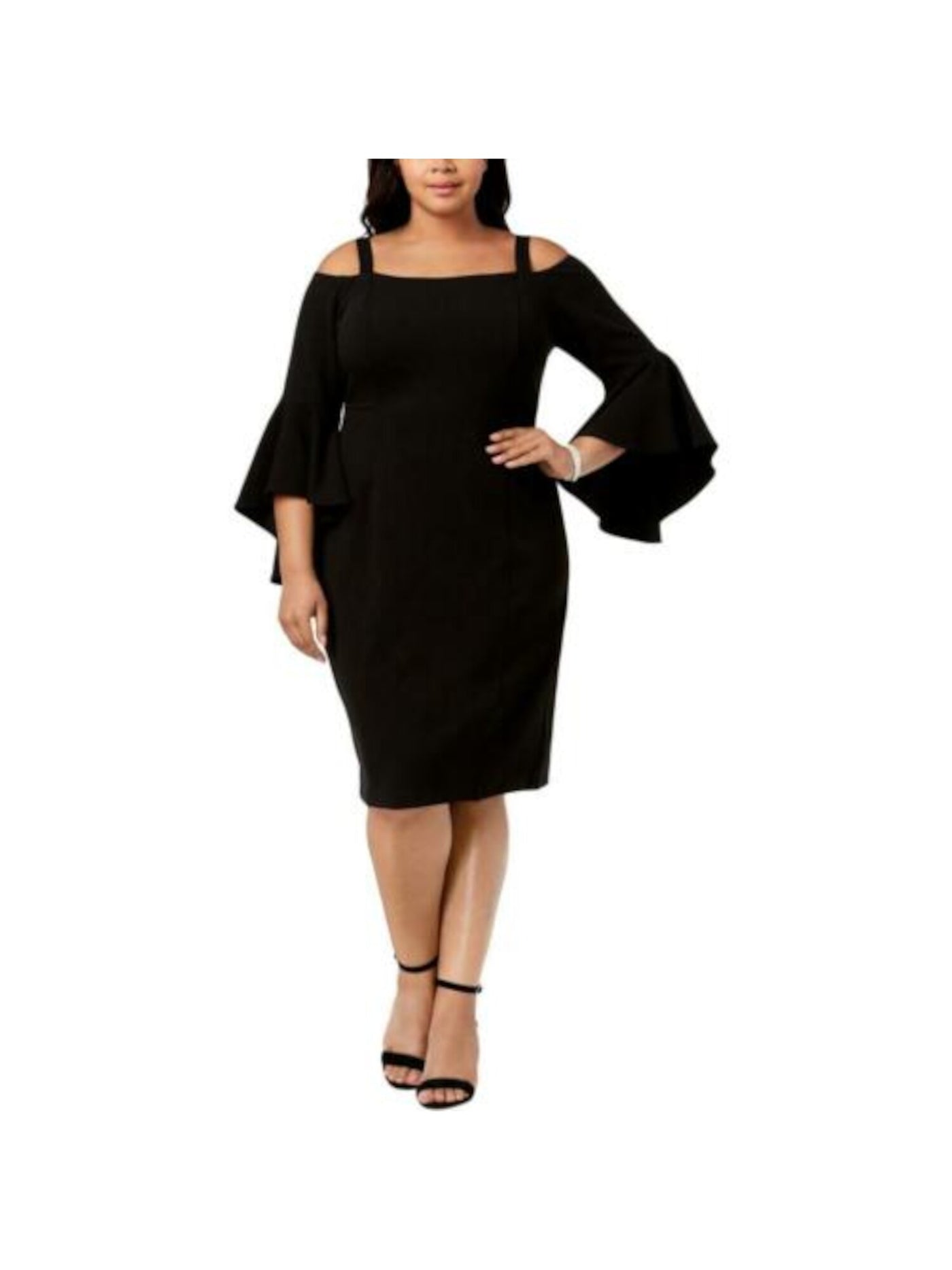 R&M RICHARDS Womens Black Cold Shoulder Bell Sleeve Jewel Neck Midi Party Sheath Dress Plus 16W