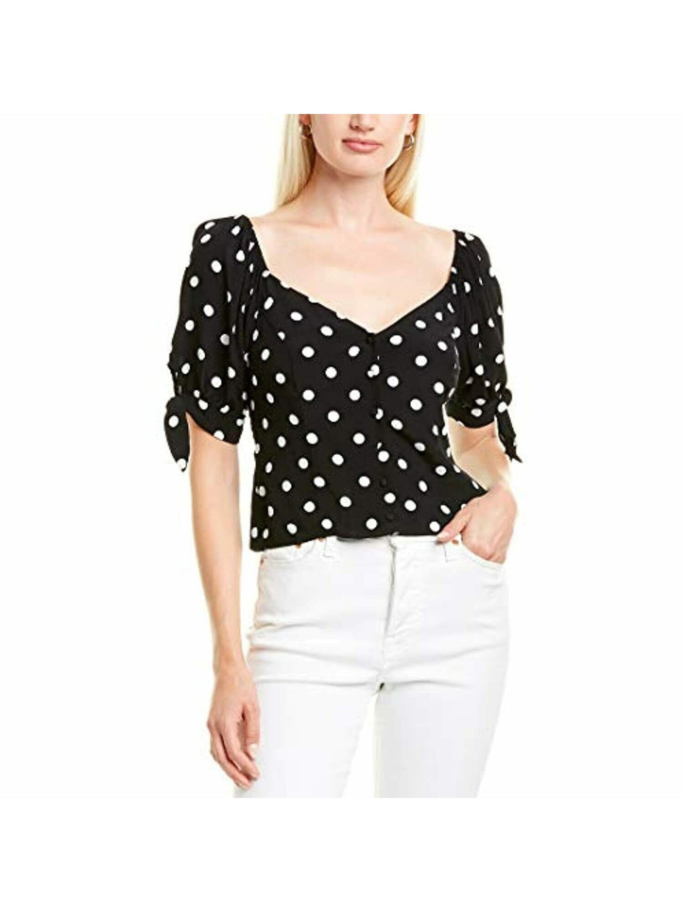 1. STATE Womens Black Polka Dot Pouf V Neck Button Up Top Size: XXS