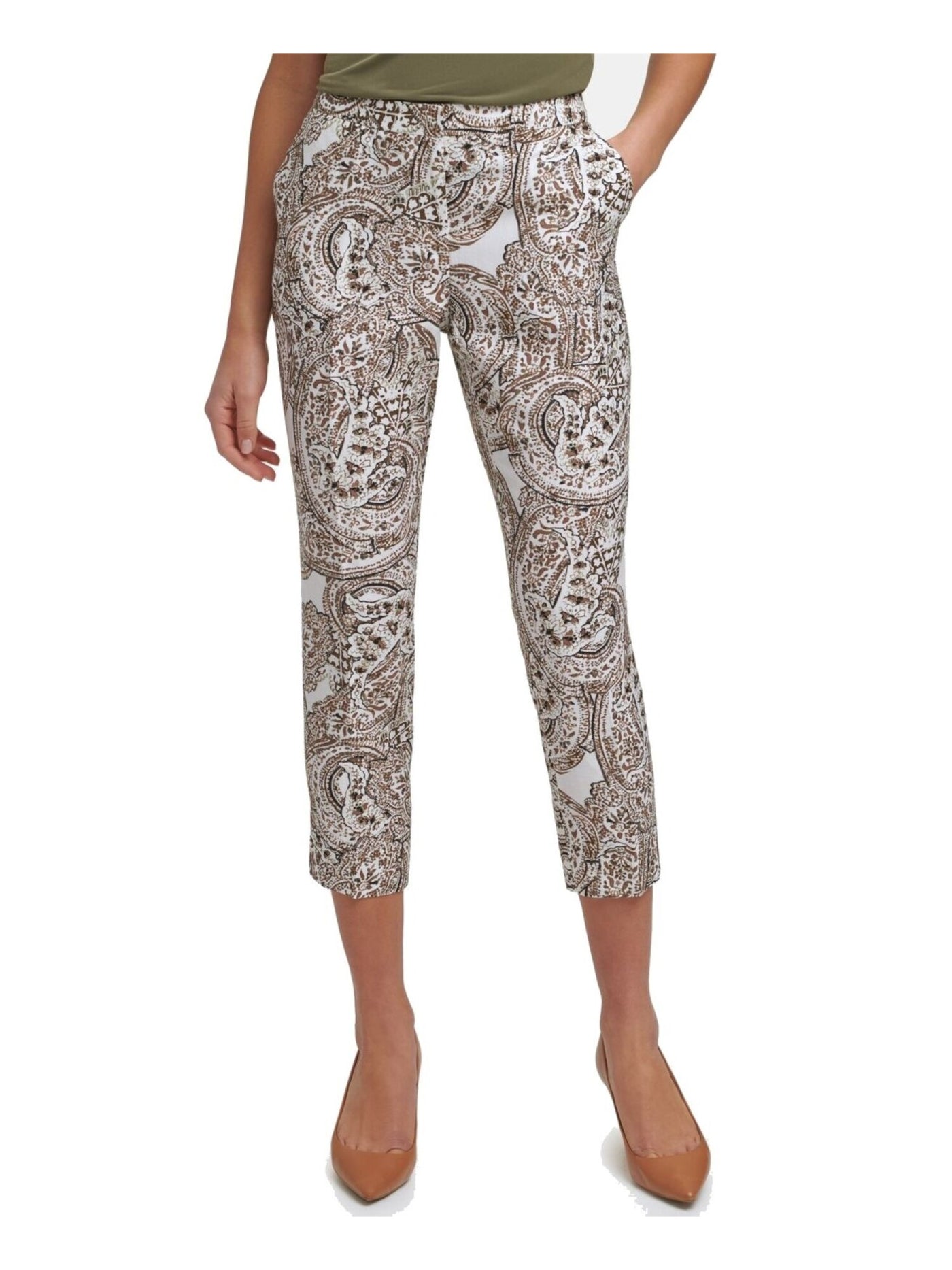 CALVIN KLEIN Womens Beige Pocketed Zippered Cropped Mid-rise Paisley Wear To Work Straight leg Pants Petites 8P