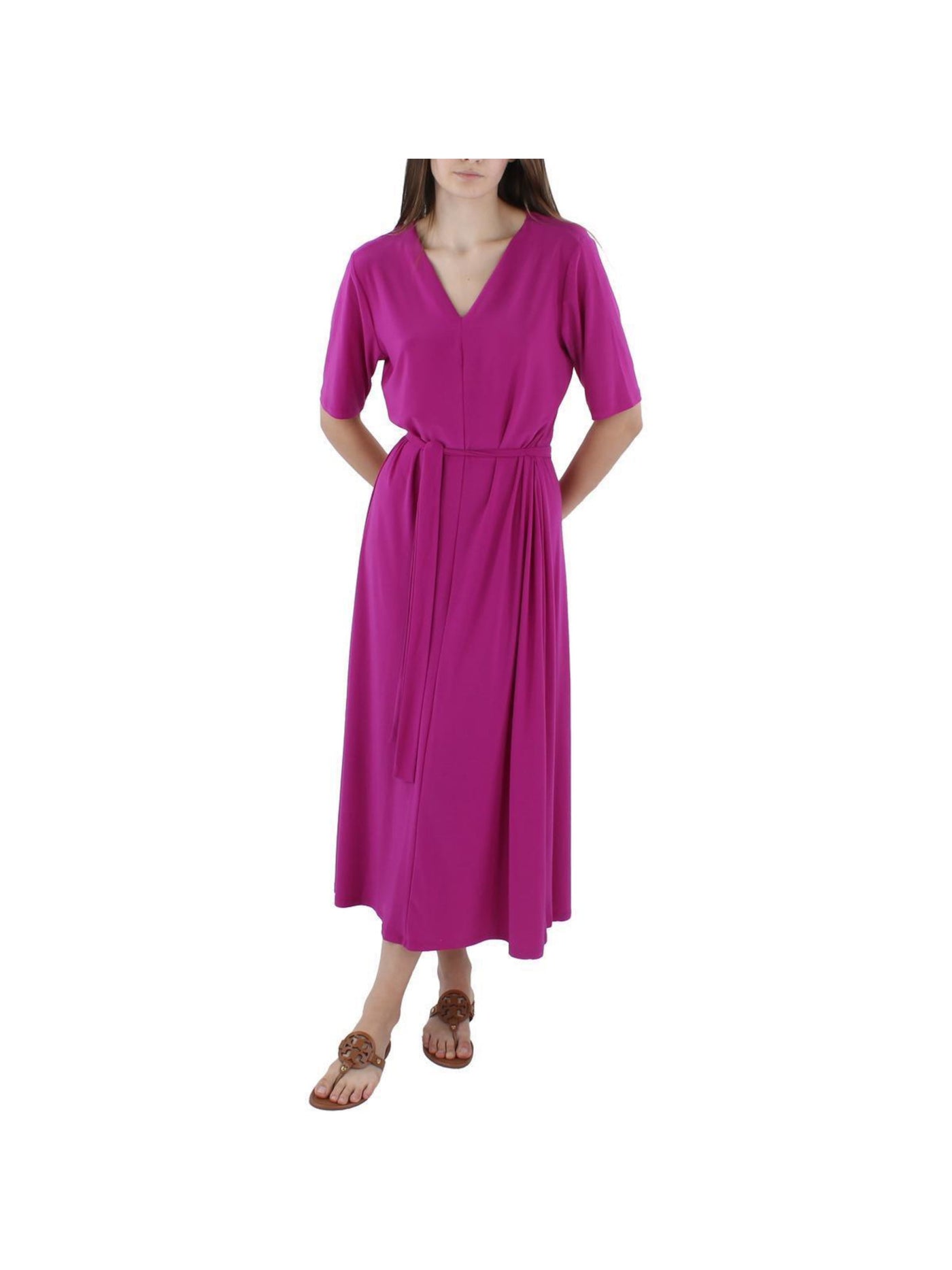MSK Womens Purple Stretch Tie Unlined Pullover Elbow Sleeve V Neck Midi Fit + Flare Dress L