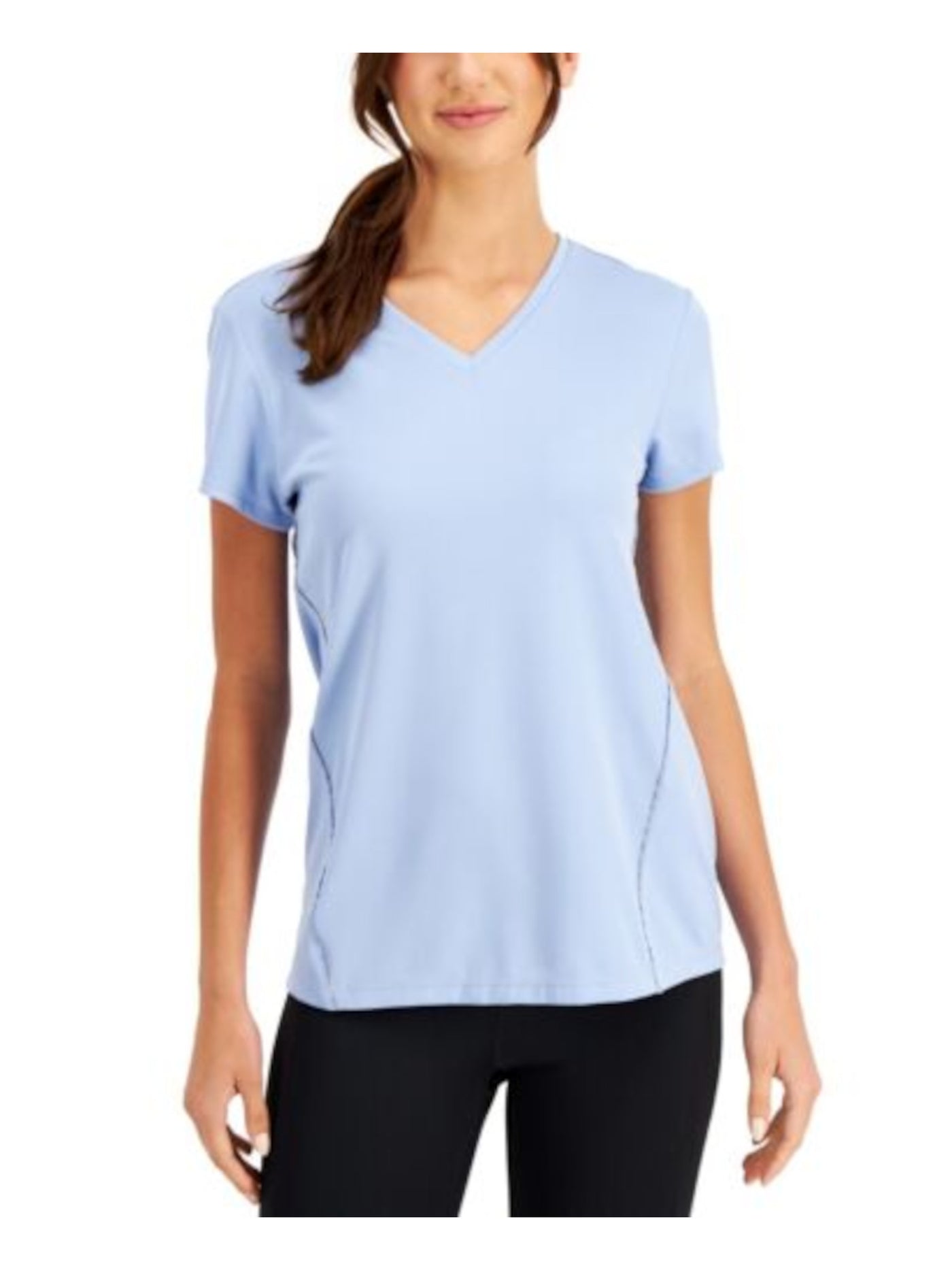 IDEOLOGY Womens Light Blue Moisture Wicking Textured Stretch Reflective Short Sleeve V Neck Active Wear T-Shirt L