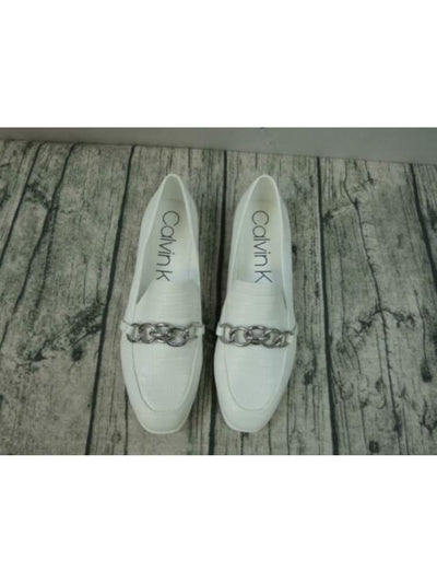 CALVIN KLEIN Womens White Lizard Print Chain Link Accent Comfort Logo Banda Almond Toe Wedge Slip On Loafers Shoes 6 M