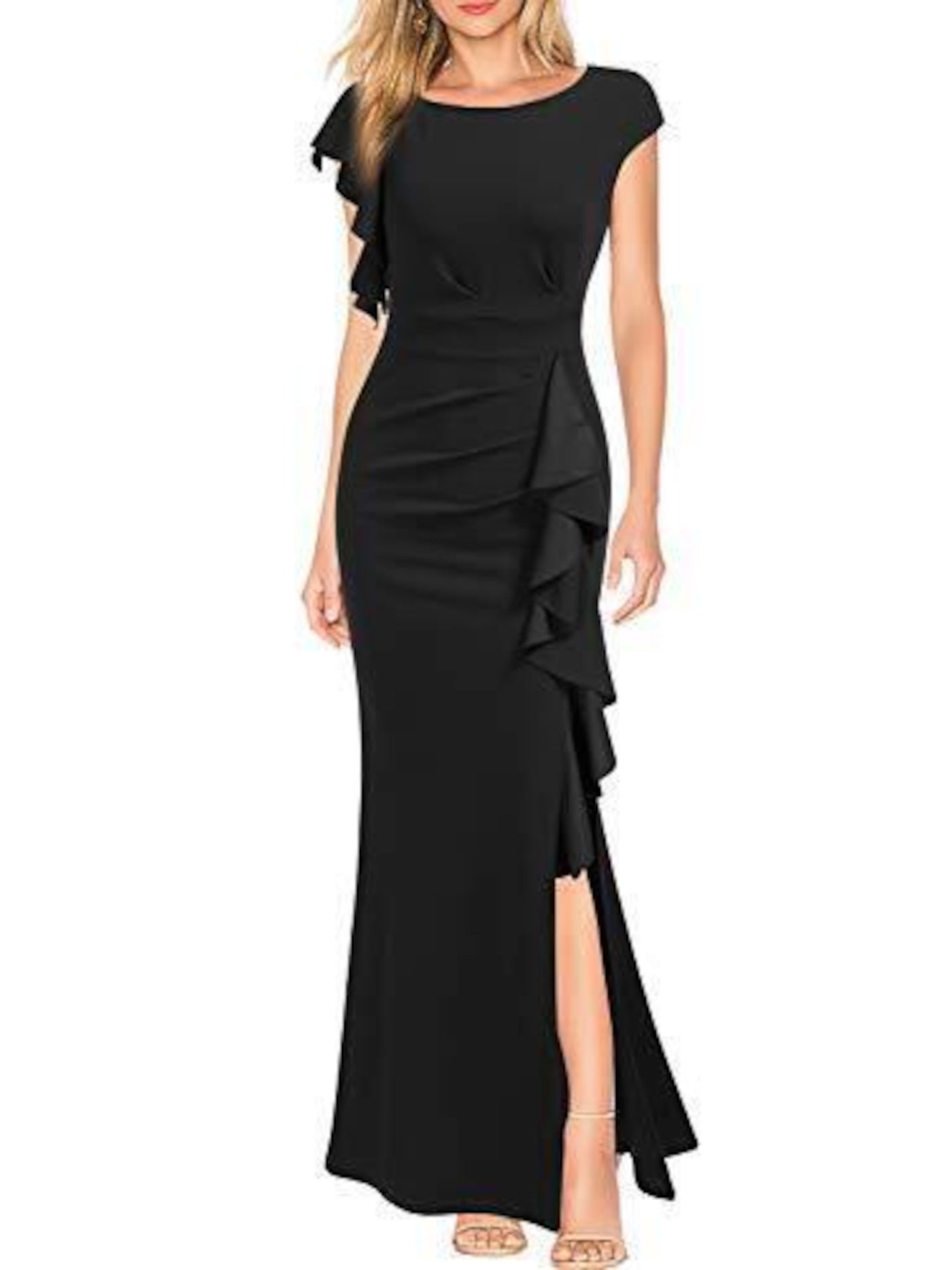 WOOSEA Womens Black Pleated Zippered Slitted Cascading Ruffle Flutter Sleeve Round Neck Full-Length Evening Body Con Dress S