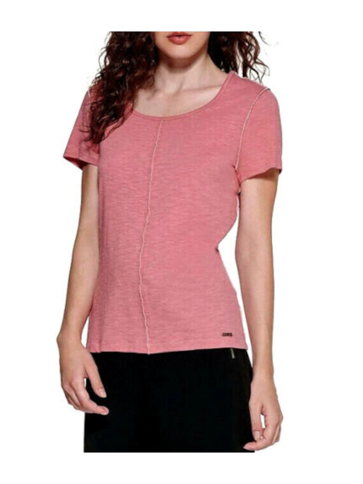 DKNY Womens Pink Textured Contrast Seams Short Sleeve Scoop Neck T-Shirt S