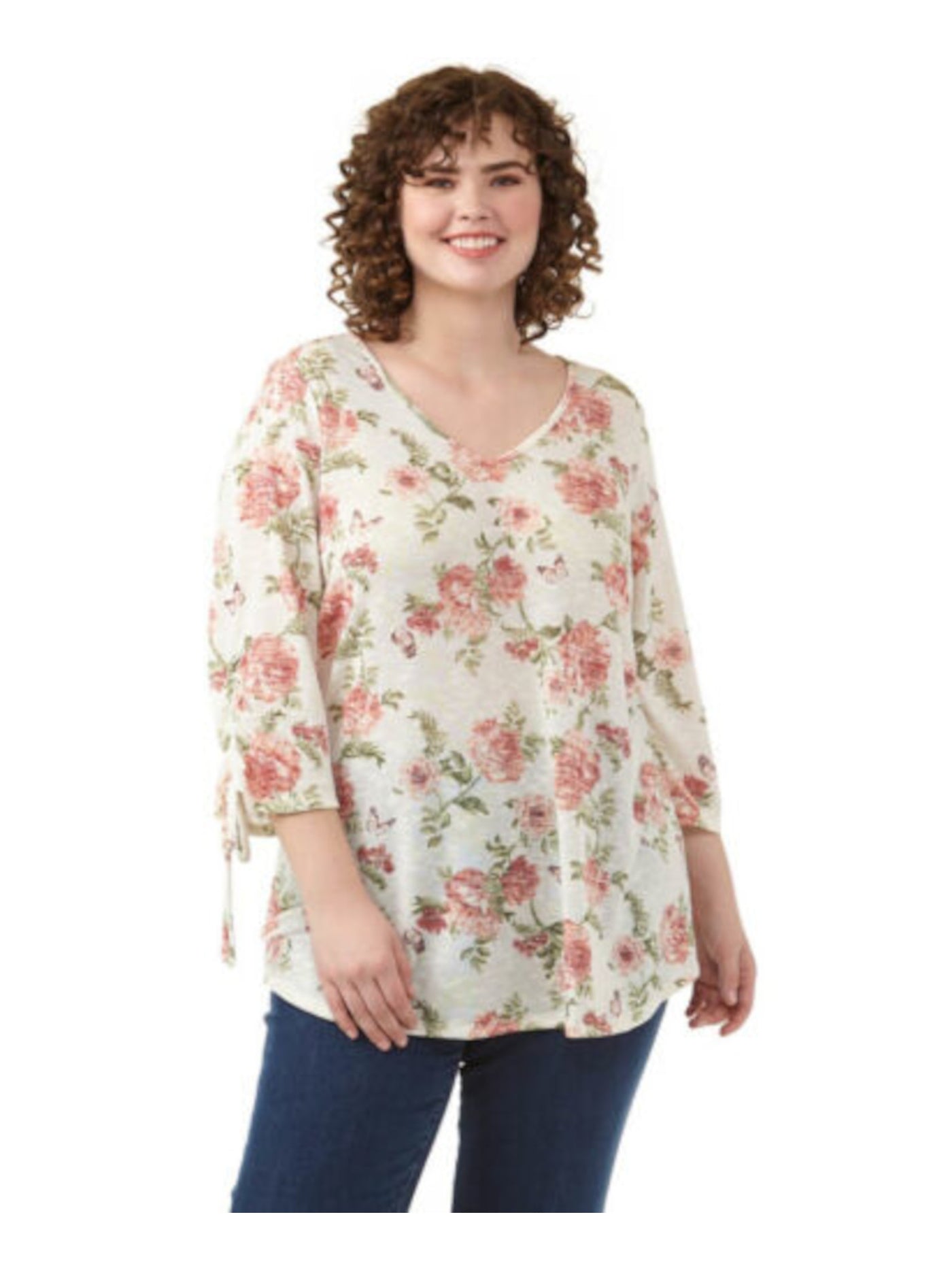 STATUS BY CHENAULT Womens Ivory Stretch Floral V Neck Top Plus 2X