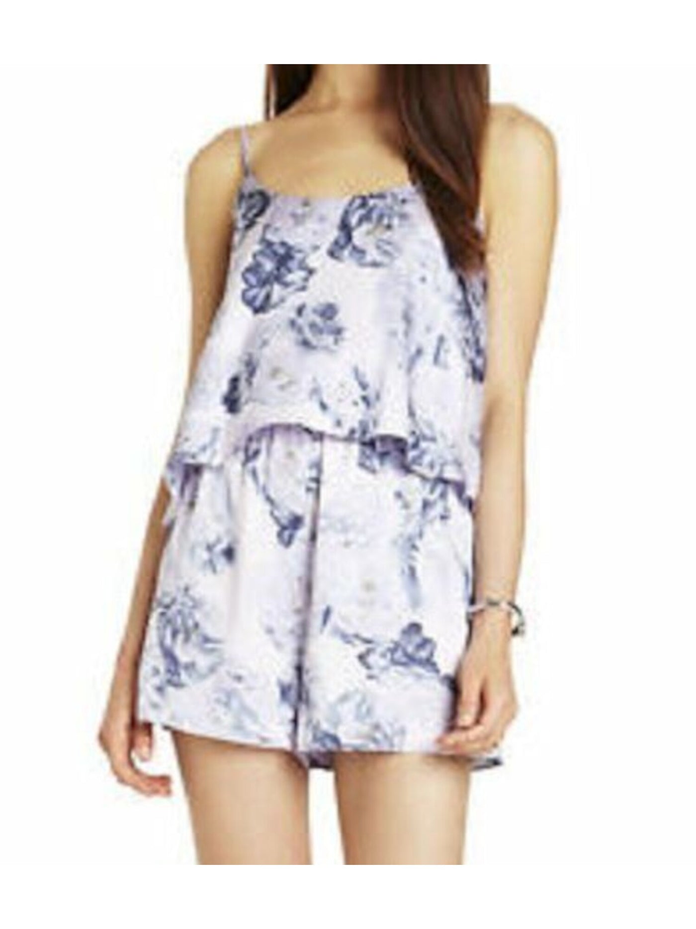 BCBGENERATION Womens Blue Floral Spaghetti Strap Scoop Neck Straight leg Romper S