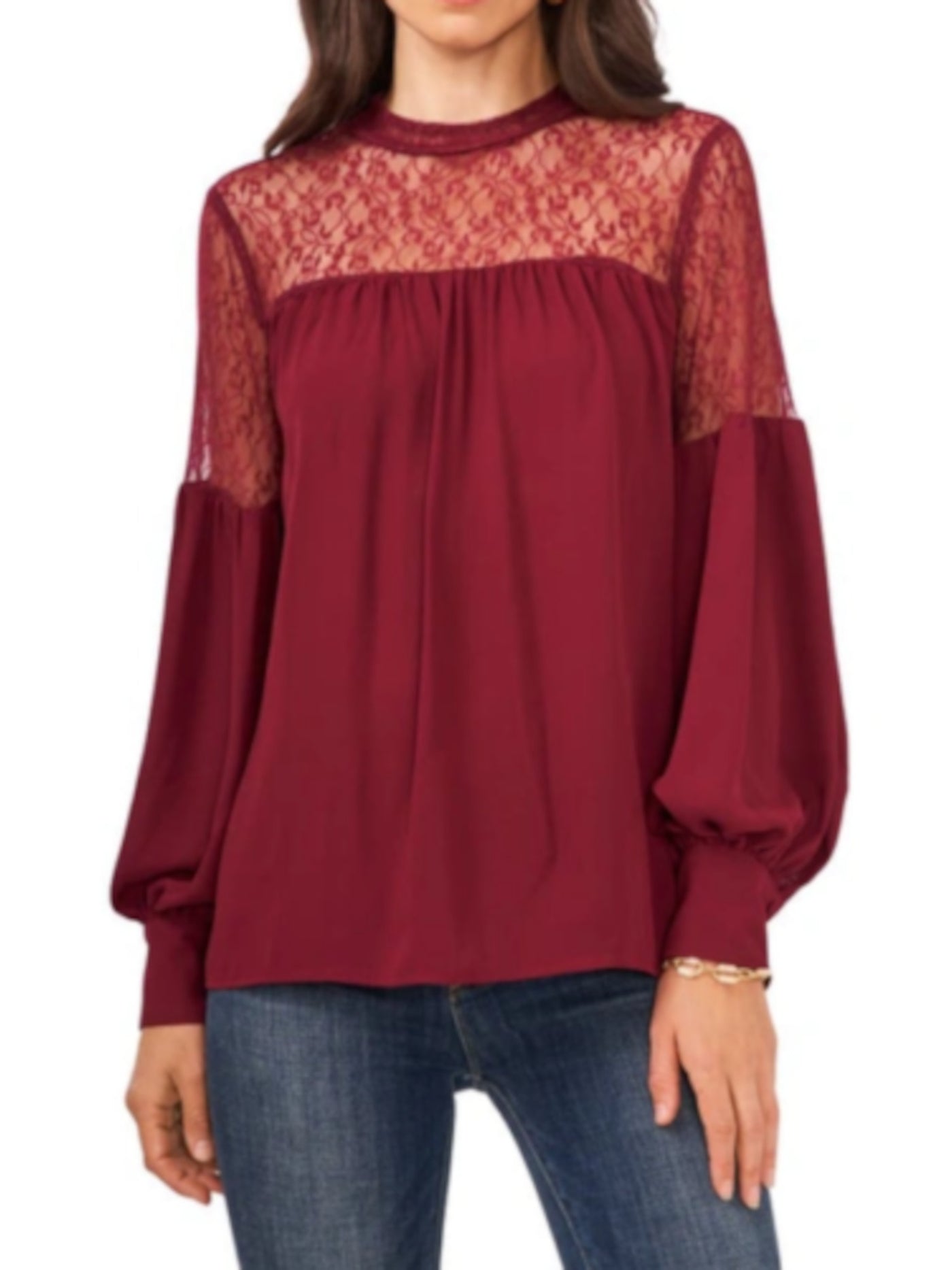 VINCE CAMUTO Womens Burgundy Lace Relaxed Fit Keyhole Back Balloon Sleeve Mock Neck Wear To Work Blouse L