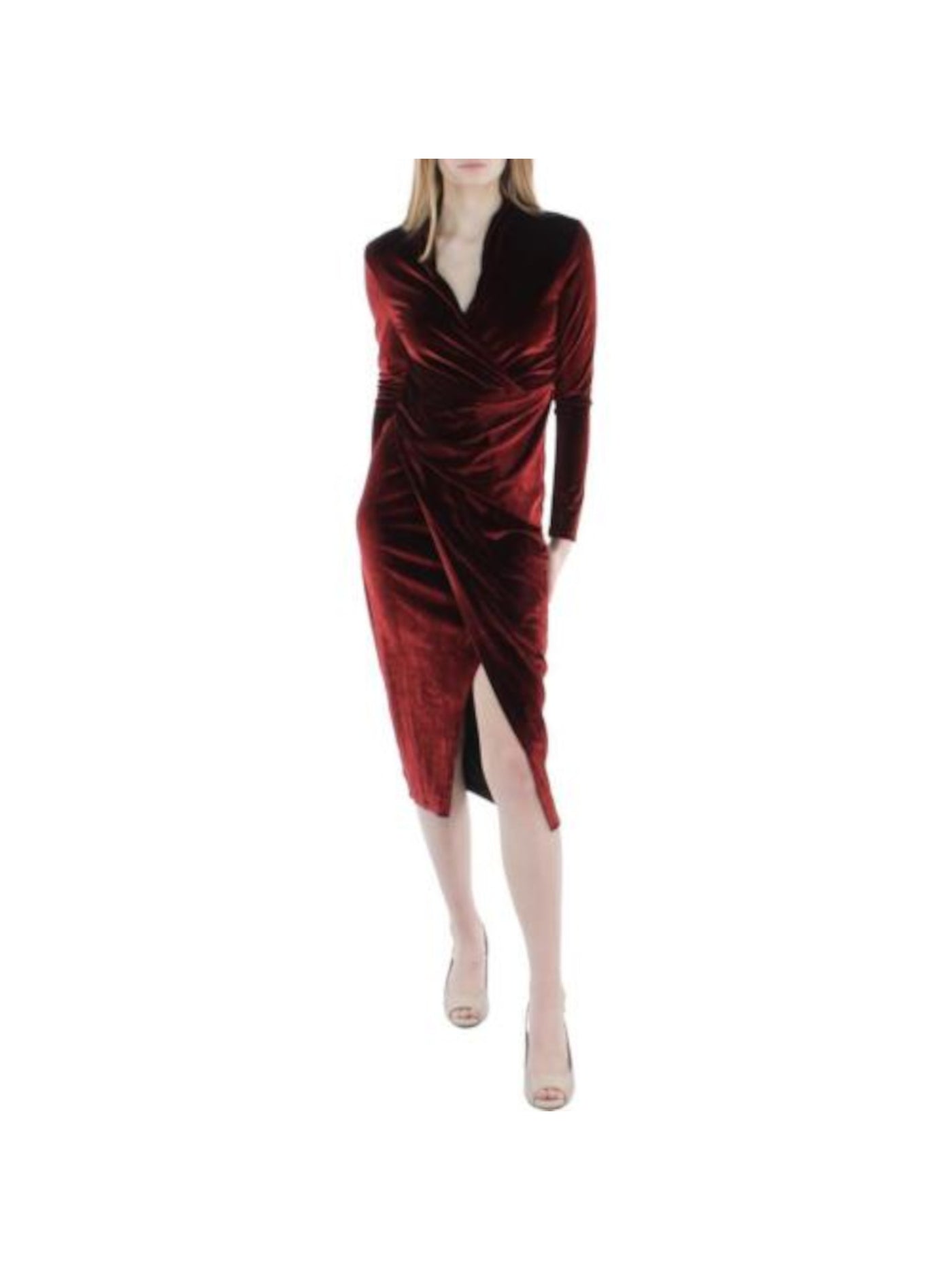 RACHEL RACHEL ROY Womens Maroon Long Sleeve Surplice Neckline Below The Knee Cocktail Faux Wrap Dress XS