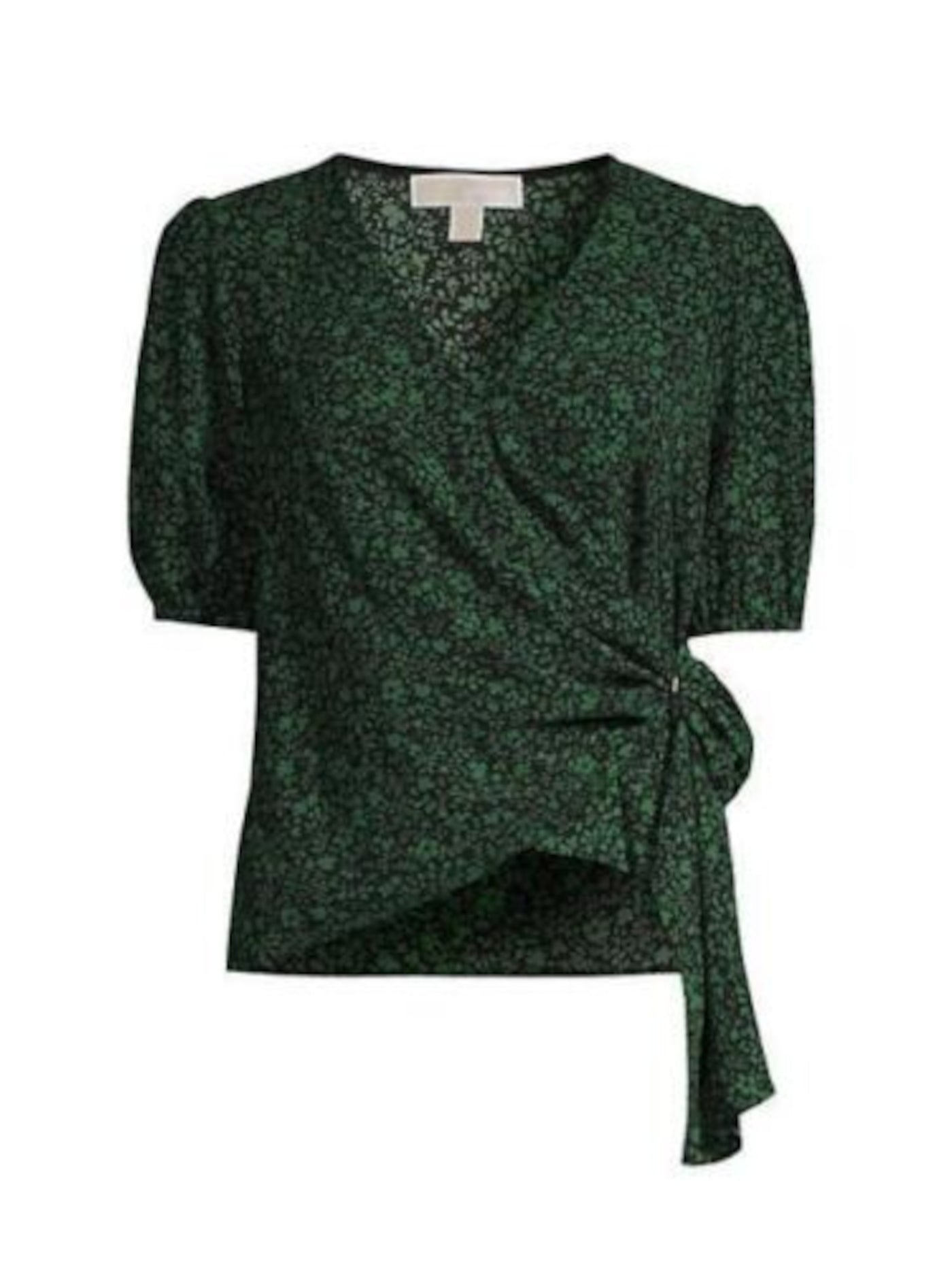 MICHAEL KORS Womens Green Pleated Ring Detail Elastic Cuffs Printed Short Sleeve Surplice Neckline Wear To Work Top Petites P\XS