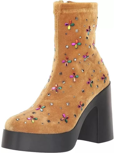 BETSEY JOHNSON Womens Gold Embellished Padded Harriet Round Toe Block Heel Zip-Up Heeled Boots 11 M
