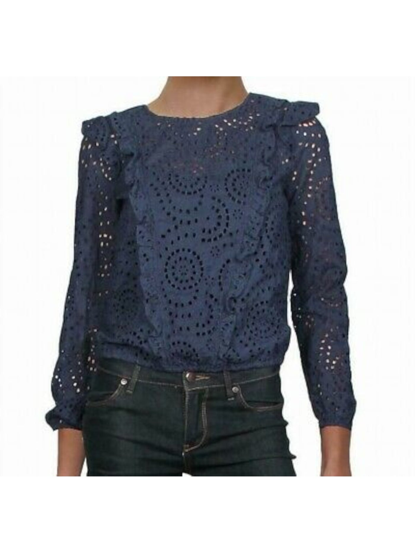 INC Womens Navy Patterned Long Sleeve Crew Neck Blouse L
