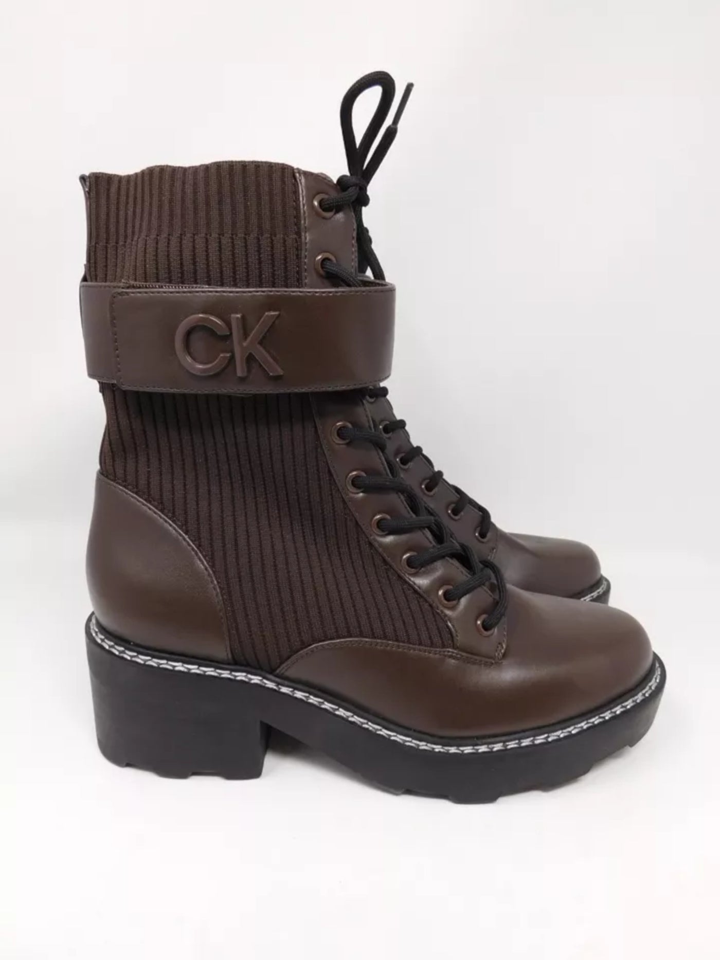 CALVIN KLEIN Womens Brown Mixed Media Hook And Loop Strap Logo Hardware 1" Platform Treaded Stretch Padded Arabel2 Almond Toe Lace-Up Combat Boots 10 M