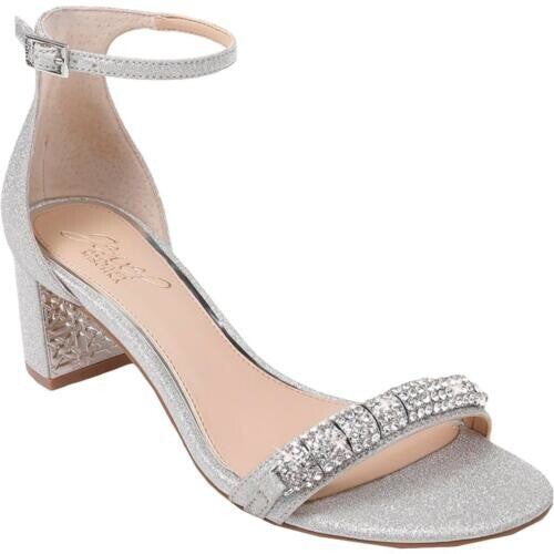 JEWEL BADGLEY MISCHKA Womens Silver Adjustable Strap Rhinestone Ramsey Round Toe Block Heel Buckle Dress Sandals Shoes 8