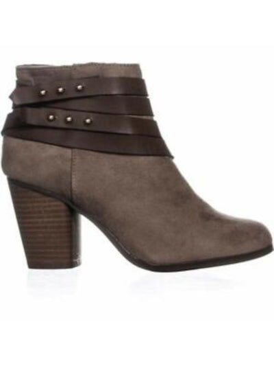 MATERIAL GIRL Womens Gray Strappy Studded Mini Round Toe Block Heel Zip-Up Booties 6 M