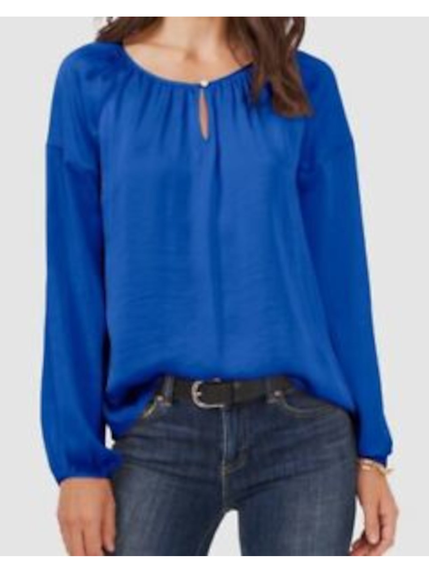 VINCE CAMUTO Womens Blue Gathered Curved Hem Long Sleeve Keyhole Wear To Work Peasant Top S