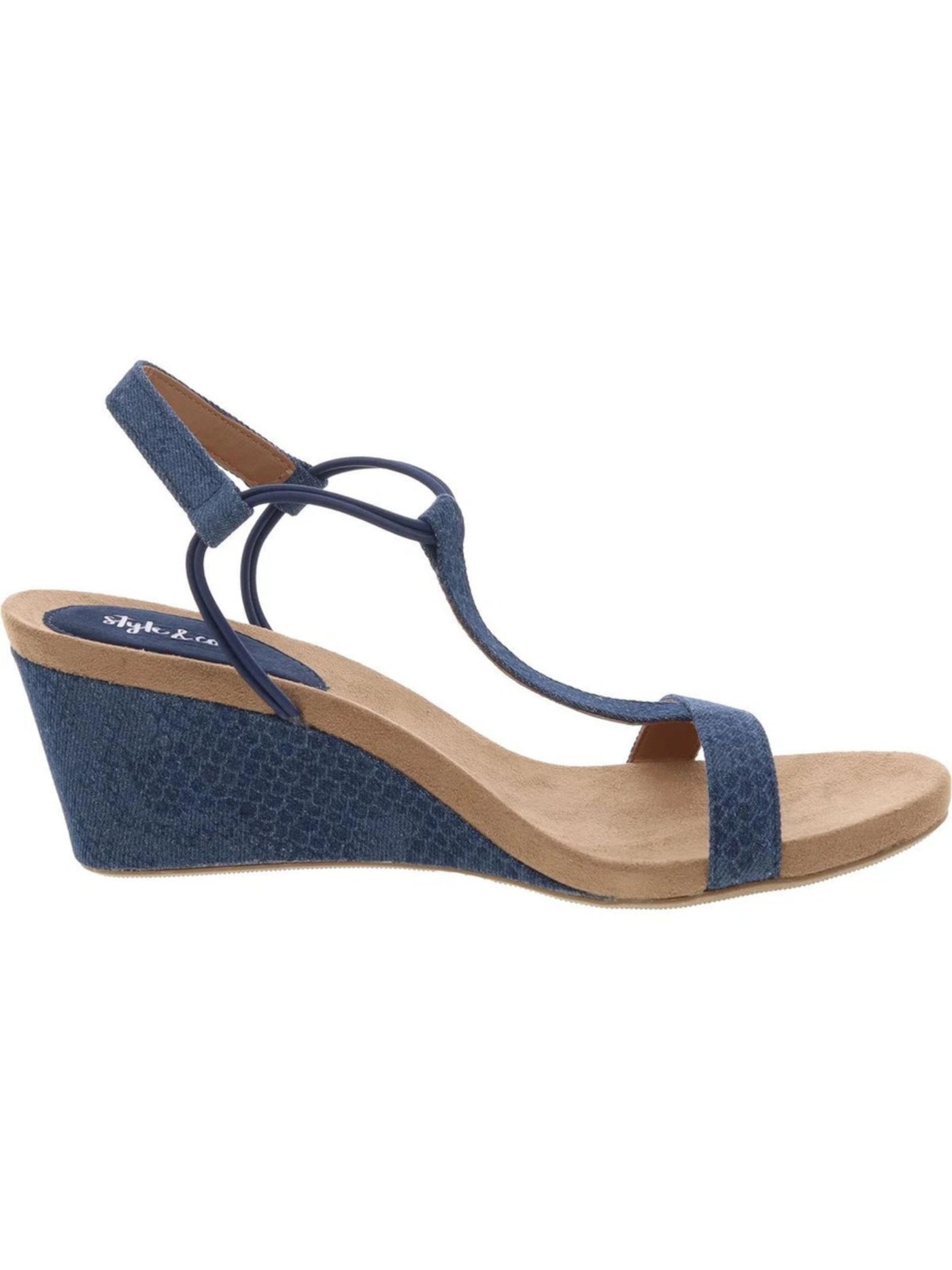 STYLE & COMPANY Womens Navy Solid Snake Padded Stretch Ankle Strap T-Strap Slip Resistant Muland Round Toe Wedge Slip On Slingback Sandal 10 M