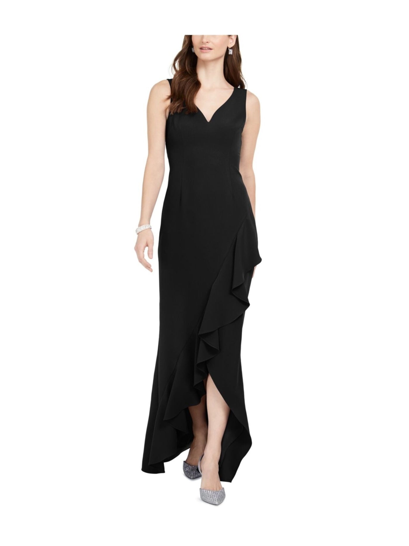 ADRIANNA PAPELL Womens Black Slitted Ruffled Zippered Sleeveless V Neck Maxi Evening Gown Dress 2