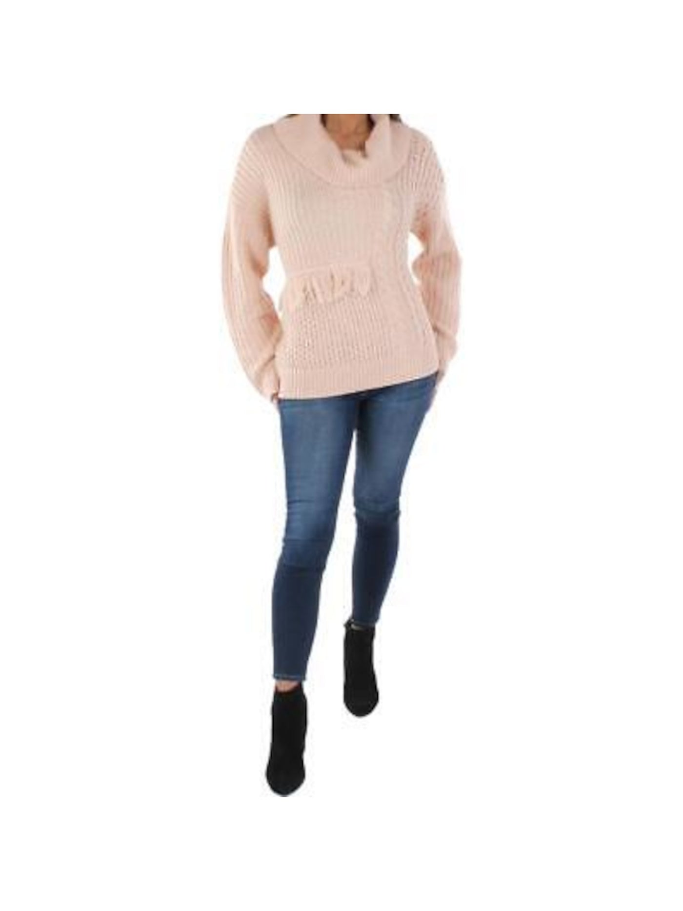 CALVIN KLEIN Womens Pink Fringed Mixed Knit Long Sleeve Cowl Neck Sweater S